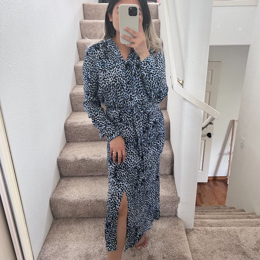 & Other Stories Blue Leopard Print Long Sleeve Belted Midi Shirt Dress US 0‌‌‍‍‍